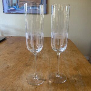 2 Etched Plaid Crystal Flute Glass Signed Like The Ralph Lauren Randolph Design
